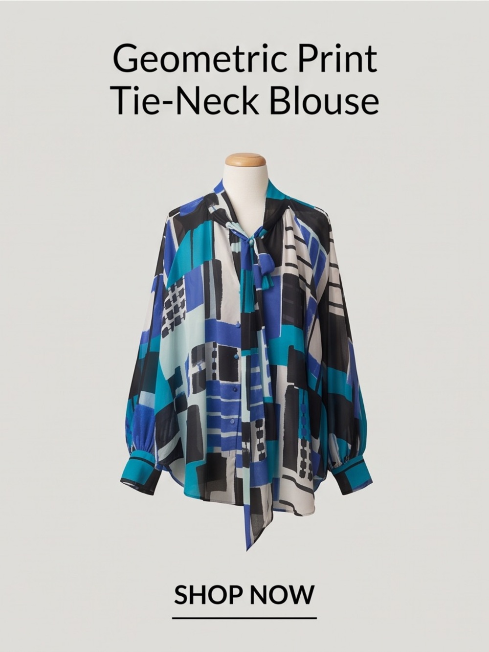 Lane Bryant Blue & Black Geometric Tie-Neck Blouse